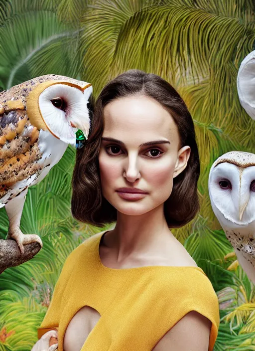 Image similar to Award winning head to shoulder portrait photograph of an elegant top model that looks like natalie portman wearing a yellow kimono with a very detailed barn owl on her shoulder!!! in a tropical greenhouse. looking at the camera!!. super resolution. Extremely detailed. art by Rineke Dijkstra.