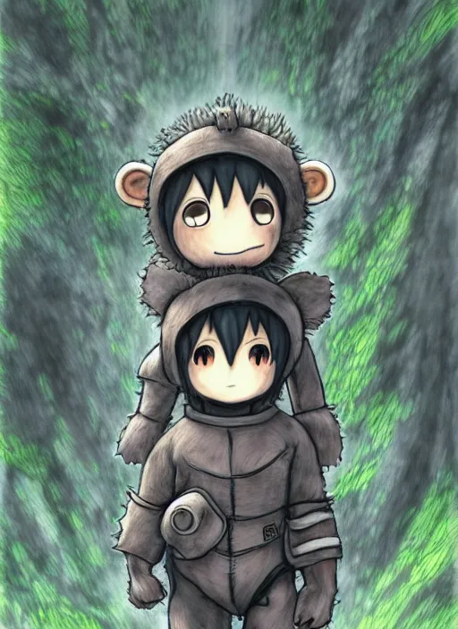 Image similar to beautiful little boy wearing an cyborg bear suit, artwork in kentaro miura and made in abyss and rosdraws, smooth, beautiful lightness, anatomically correct, trending on pixiv, forest