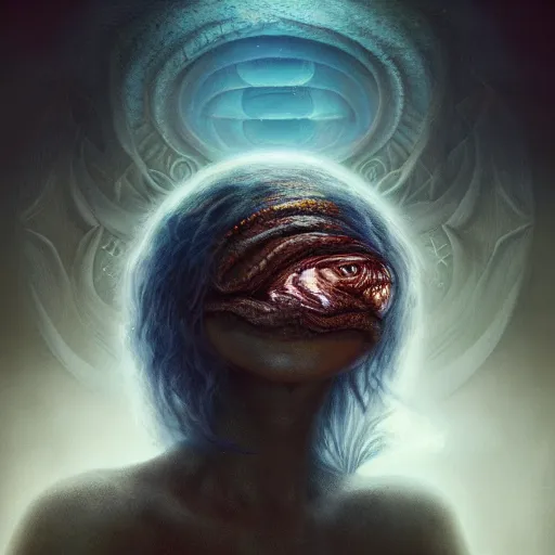 Image similar to by artgerm and agostino arrivabene, visually stunning, cinematic, ultra realistic, hyper realism, epic, octane render, unreal engine, vfx, maya, alien space knight, old guide of multidimensional portal, fungal enchanter, murloc tinyfin, dread infernal, wee whelp, battle ram