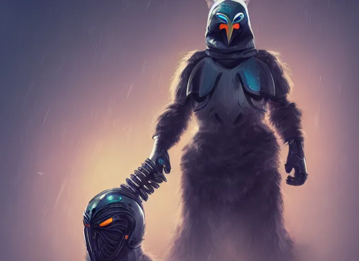 Image similar to cyber warrior with penguin mask, claws, horror scene, artgerm, rutkowski, tooth wu, beeple, and intricate