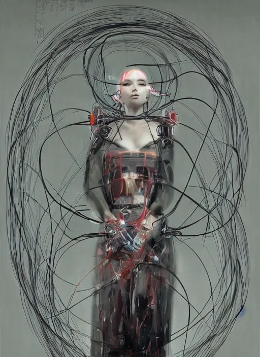 Image similar to portrait of a futuristic geisha cyborg surrounded by wire locked into the matrix, in the style of ghost, by jheronimus bosch and greg rutkowski,