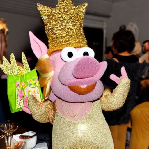 Prompt: pig at a party wearing a gold crowns as a Muppet holding a snack bag 8k