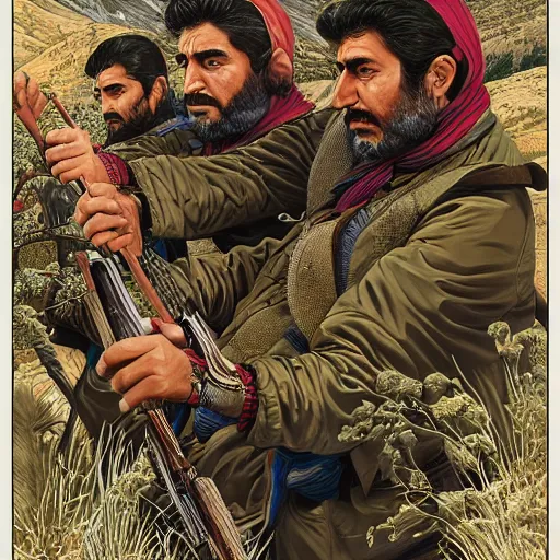 Image similar to kurdish freedom fighters in the mountains art by martin ansin, highly detailed, 8 k, high resolution, award winning art, incredibly intricate