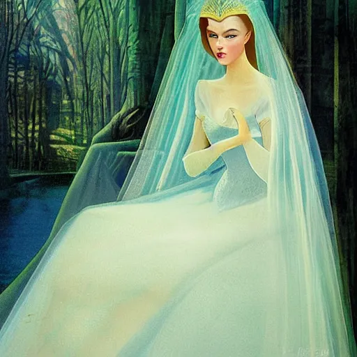 Image similar to A painting, beauty & mystery of Princess Aurora. Enigmatic smile and gaze invite us into her world, and we cannot help but be drawn in. Soft features & delicate way she is dressed make her almost ethereal. Landscape distance and mystery. What secrets Princess Aurora holds. Hadean by Gordon Parks, by Ed Emshwiller