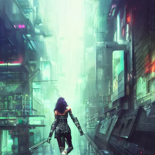 Image similar to cyberpunk razorgirl, pavewalk, scifi, megacity background, neuromancer, dramatic lighting, painted by raymond swanland, painted by greg rutkowski, painted by jeremy mann, painted by artgerm, painted by igor kieryluk, trending on artstation