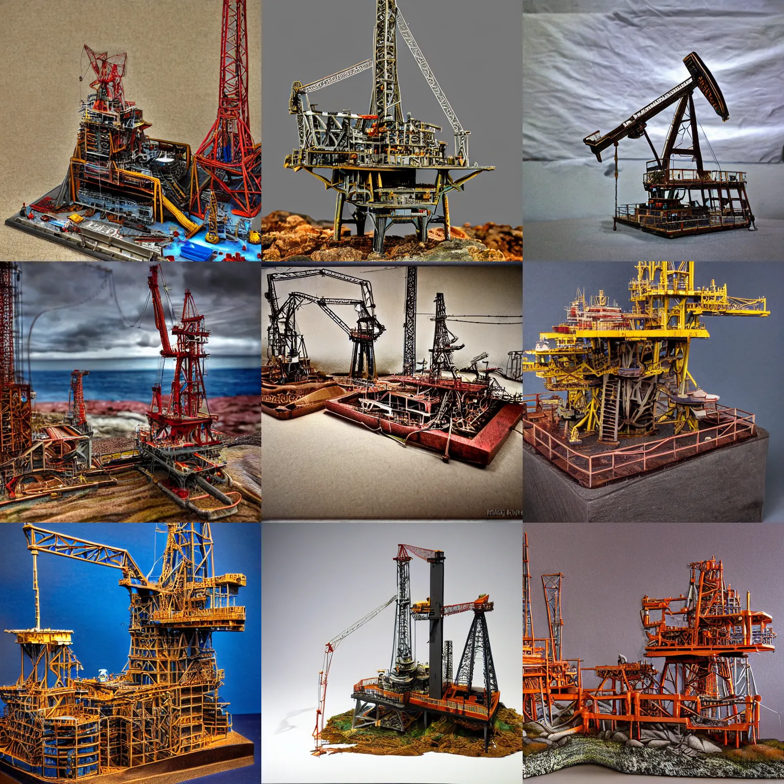 Prompt: a carved diorama of a oil rig by kris kuksi, irisdicense, sharp focus, tone mapped, zoom out