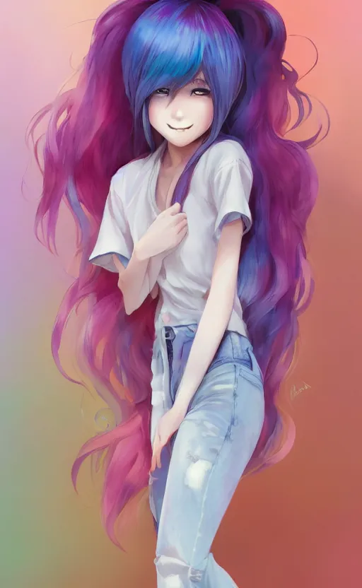 Image similar to a kawaii woman with rainbow hair, soft eyes and narrow chin, dainty figure, long hair straight down, kawaii shirt and jeans, basic white background, In style of by Jordan Grimmer and greg rutkowski, crisp lines and color