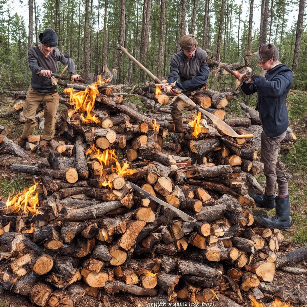 Image similar to disney's goofy cutting and splitting firewood with tomahawk in finnish forest