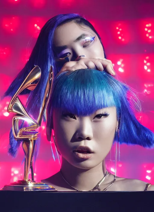 Image similar to rina sawayama winning a grammy award, red weapon 8 k s 3 5, cooke anamorphic / i lenses, highly detailed, cinematic lighting