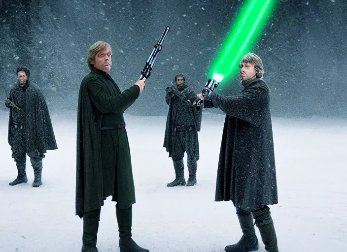 Image similar to luke skywalker in hbo's succession, snowing green particles from the sky, alien planet