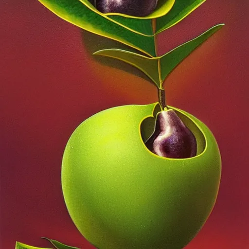 Image similar to artwork of a mangosteen in the style of vladimir kush