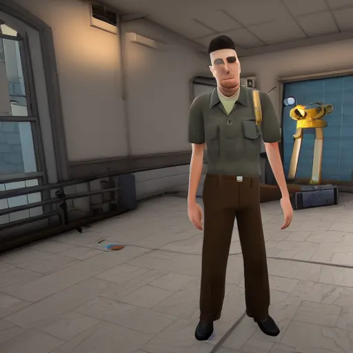 Image similar to jerma985 in tf2, full body, wide shot, portrait, unreal engine, in game screenshot, high definition, detailed