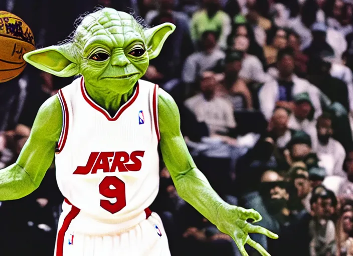 Image similar to ESPN still of Yoda playing in the nba playoffs live on espn, 4k