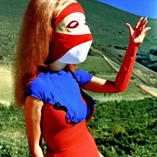 Prompt: 1970 woman wearing a mask with a long prosthetic nose long snout with nostril, prosthetic eyeballs, wearing a leotard on the hillside 1970 color archival footage color film 16mm holding a hand puppet Fellini Almodovar John Waters Russ Meyer Doris Wishman