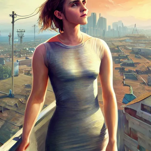 Image similar to highly detailed painting of emma watson wearing a skintight dress, gta 5 cover art, stephen bliss, 8 k, by greg rutkowski, artgerm, loish, rhads, global illumination, radiant light, detailed and intricate environment