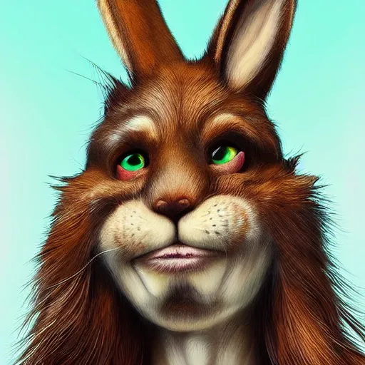 Image similar to 1. 5 metres tall anthropomorphic bunny, green eyes, light brown fur, light hair, wlop, artgerm, highly detailed, dramatic lighting