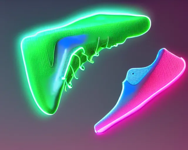 Prompt: A 3D model of of futuristic nike sneakers with neon lights from below, highly detailed, award winning, octane render