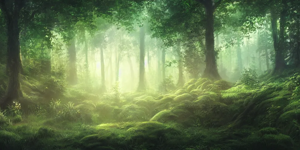 Prompt: a forest, cinematic angle, studio Ghibli, volumetric lighting, beautiful composition, intricate, elegant, digital art, detailed, oil painting, hyperrealistic, sharp focus, 8k