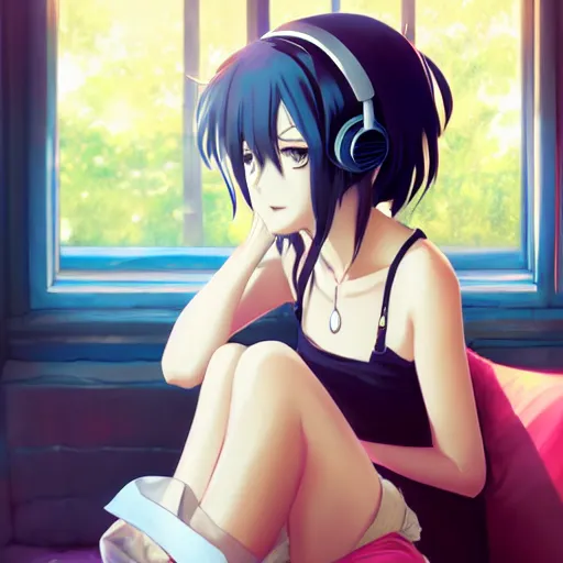 Prompt: anime beautiful girl sits on the sofa and listens to music, the sun shines through the window, clear face, beautiful body, dream light, highly detailed, 8 k, pixiv, in style of kyoto animation, art by cushart krenz