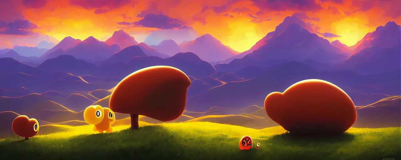 Image similar to detailed round pacman, with ghosts, in a beautiful nature landscape with clouds, mountains, in background, sunset, by rhads, pacman