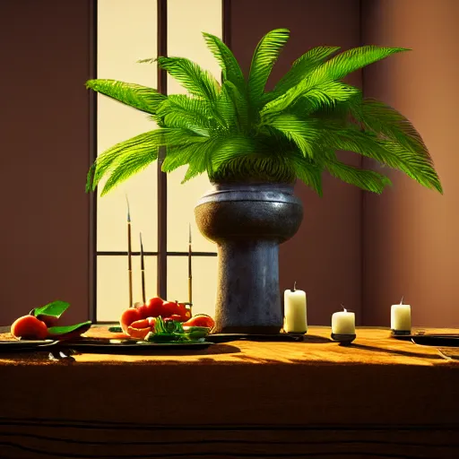 Image similar to a large vase with palms on top of a antique wooden table, vegetables on table and candle, medieval old concept art, cinematic lightning and colors, vray tracing, rendered in unreal engine, dark lightning, contrast shadows, super detailed, 8 k