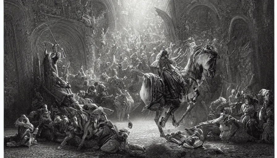 Image similar to big book, open book page, don quixote stay on the book, cinematic romantic magical masterpiece, by gene wolfe, highly detailed painting by gustave dore