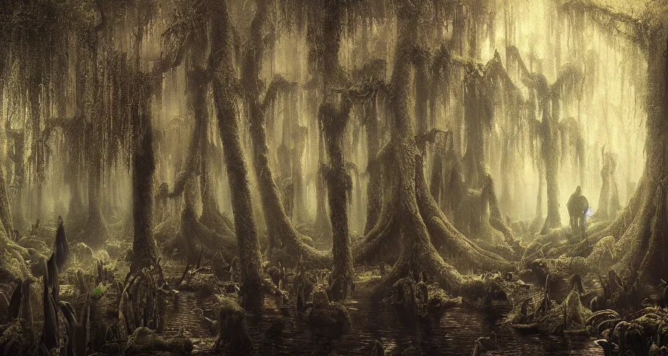 Image similar to A dense and dark enchanted forest with a swamp, by André François