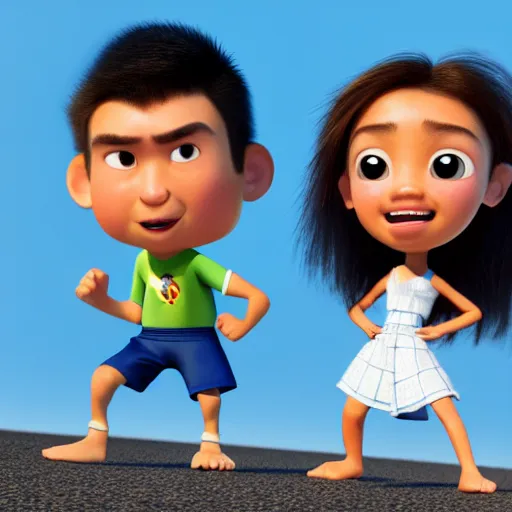 Prompt: young beautiful athletic Filipino woman with long hair standing beside a handsome caucasian athletic thin man with short buzzed hair, high widows peak, stubble on his face, blue eyes, depicted as Pixar characters, high quality cg render