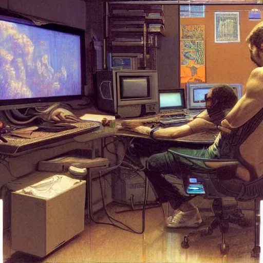 Prompt: Guy programming at his computer in the 80s at night in a dark room, candid art by Donato Giancola and James Gurney, digital art, trending on artstation