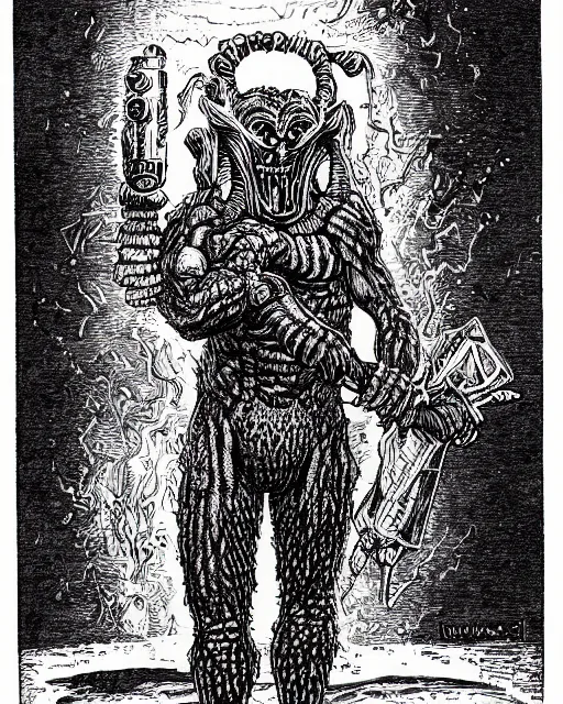 Image similar to a micronaut pharoid, full body, pen - and - ink illustration, etching, by russ nicholson, david a trampier, larry elmore, 1 9 8 1, hq scan, intricate details, monster manula, fiend folio