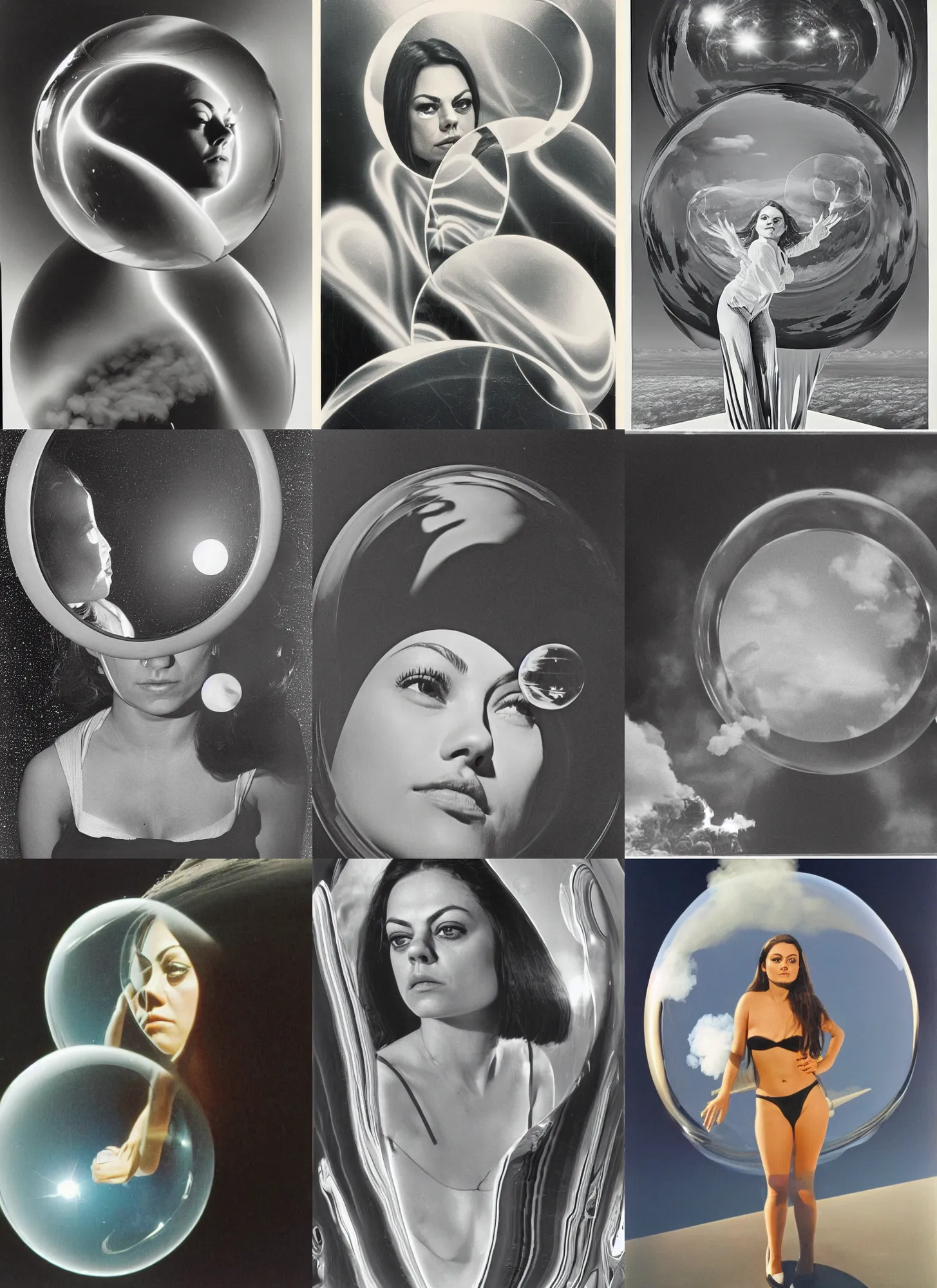 Image similar to smirking 1970 Mila Kunis reflected in a reflective bubble, puffs of smoke, Ludek Pesek, Rick Guidice, Chesley Bonestell, Lucien Rudaux, Rolf Klep, Fred Freeman, George Pal