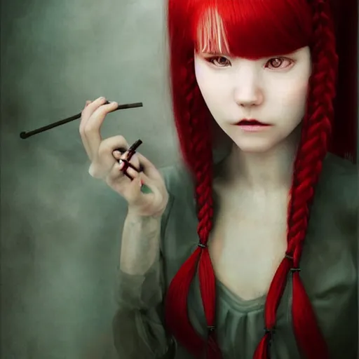 Prompt: Eerie, unsettling ethereal portrait of a creepy demonic sleep paralysis girl with disheveled red hair with braided pigtails, long bangs, a malicious slight smile, big piercing eyes, dim lighting, medium shot, by artgerm and WLOP and Mark Ryden