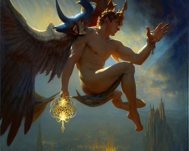 Image similar to attractive male deity, casting demonic magic, summoning handsome lucifer morning star. highly detailed painting by gaston bussiere, craig mullins, j. c. leyendecker 8 k