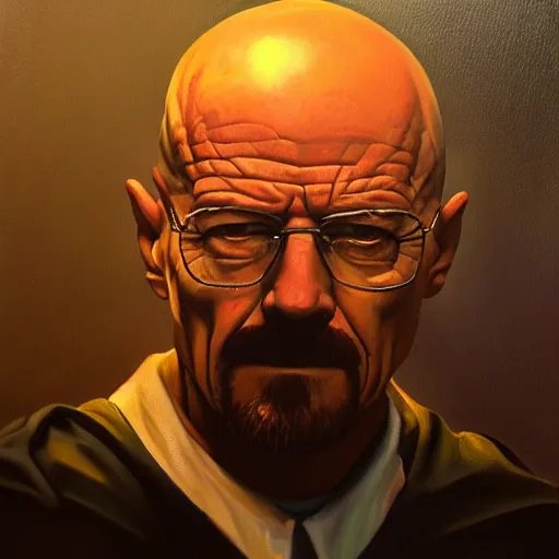 Image similar to oil painting of walter white, dramatic lighting, trending on artstation