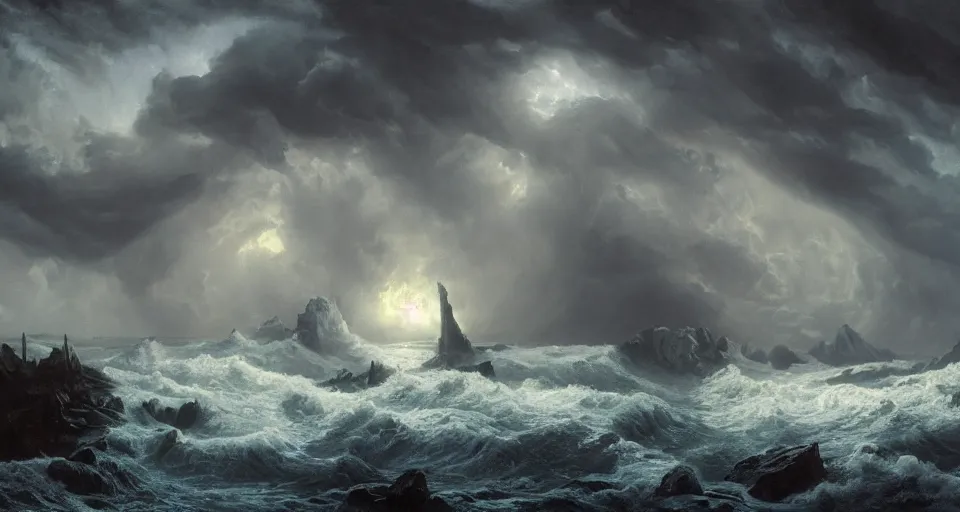 Image similar to lovecraftian eldritch call of cthulhu on a snowy island surrounded by raging stormy seas by eugene von guerard, ivan shishkin, night, red lightning!!, storm!, dramatic lighting, concept art, trending on artstation, 8 k