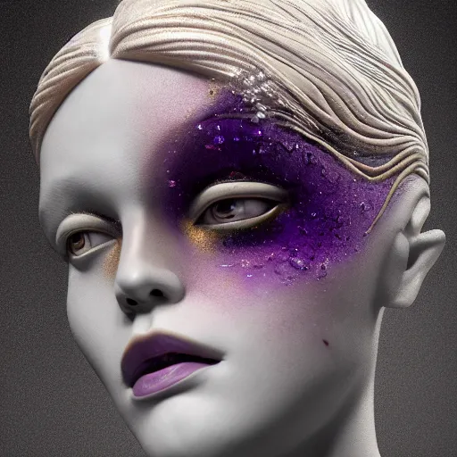 Image similar to abstract female face sculpture made of white marble and amethyst crystals quartz, ethereal lights, fine details, artstation. com, film still, cinematic photoshooting, luxury, strong wind, dark mood, sad, liquid acrylic painting, optical cables, cold colors, golden filigree, lens flares, octane render