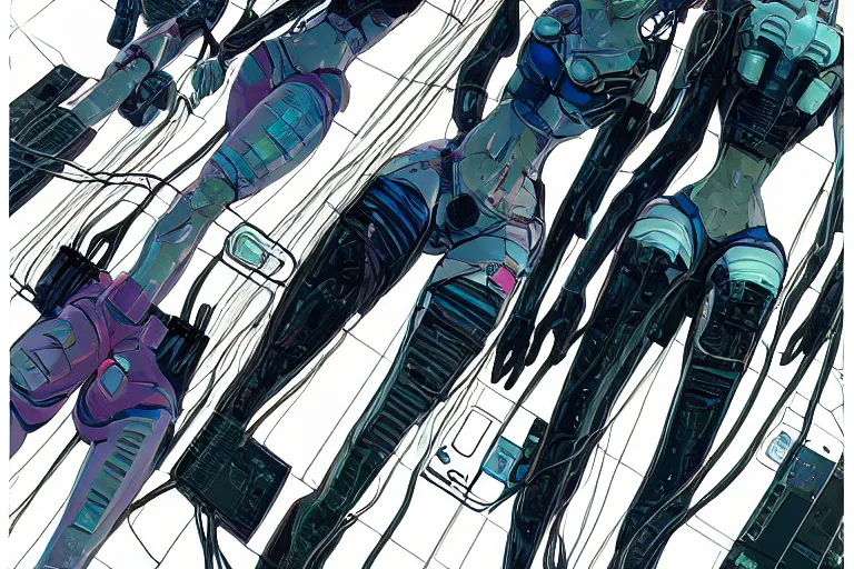 Image similar to a cyberpunk illustration of a group of three female androids in style of masamune shirow, lying on an empty, white floor with their bodies rotated in different poses and cables and wires coming out, by yukito kishiro and katsuhiro otomo, hyper-detailed, intricate, view from above