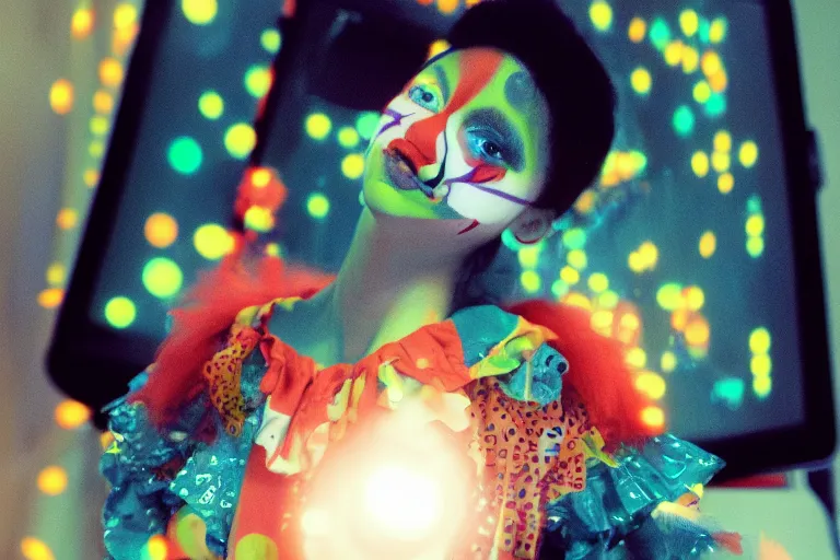 Image similar to cute clowngirl in clowncore cyberspace, fractal, in 2 0 5 5, y 2 k cutecore clowncore, bathed in the glow of a crt television, crt screens in background, low - light photograph, in style of tyler mitchell