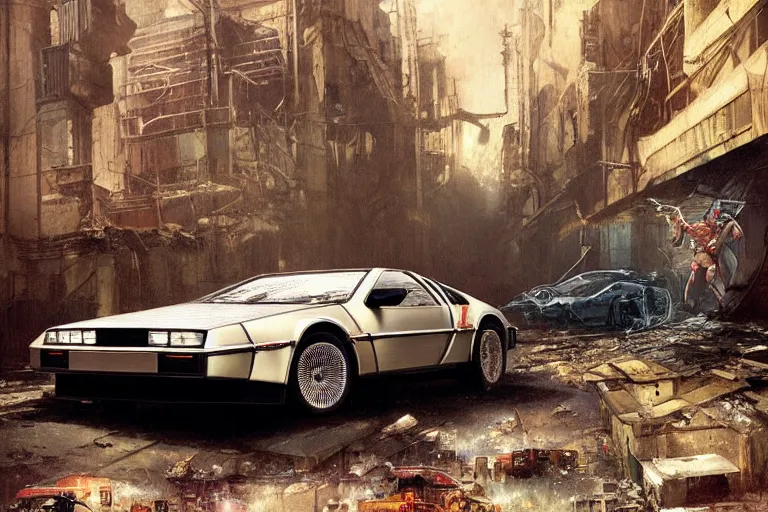 Image similar to photograph of the delorean driving down the streets of a cyberpunk abandoned city, by greg rutkowski, by stanley artgerm, by alphonse mucha