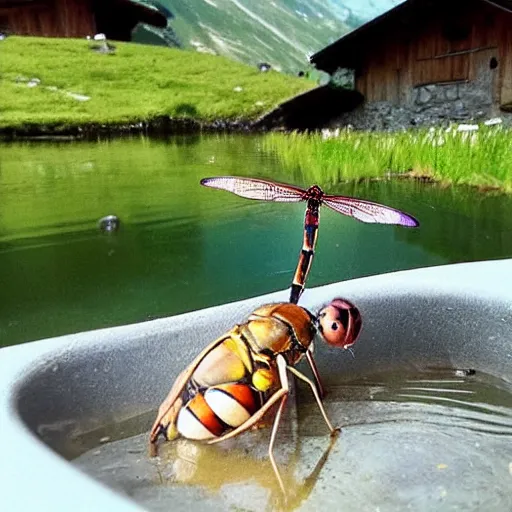 Image similar to dragonfly in a bathtub in the alps, goats!!!!!!!! in background