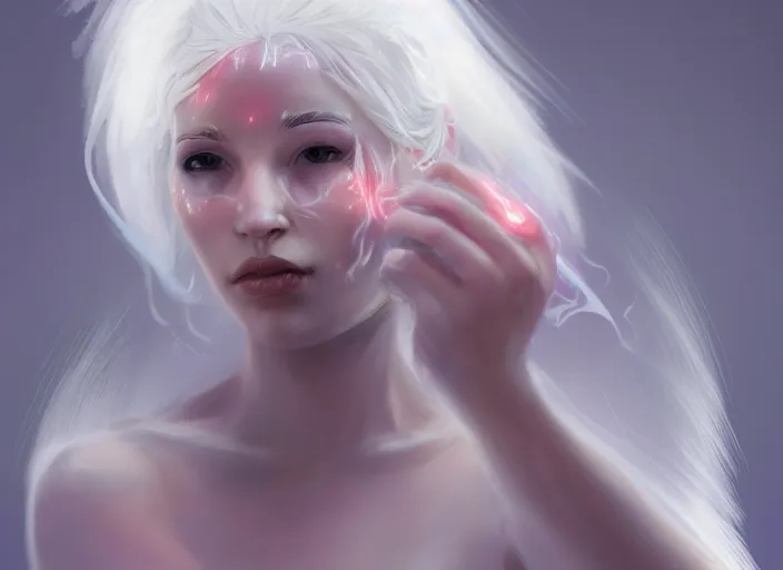 Prompt: girl with silk glowing white hair with glowing white stings coming out of her hands, concept digital art trending on artstation oilpaint