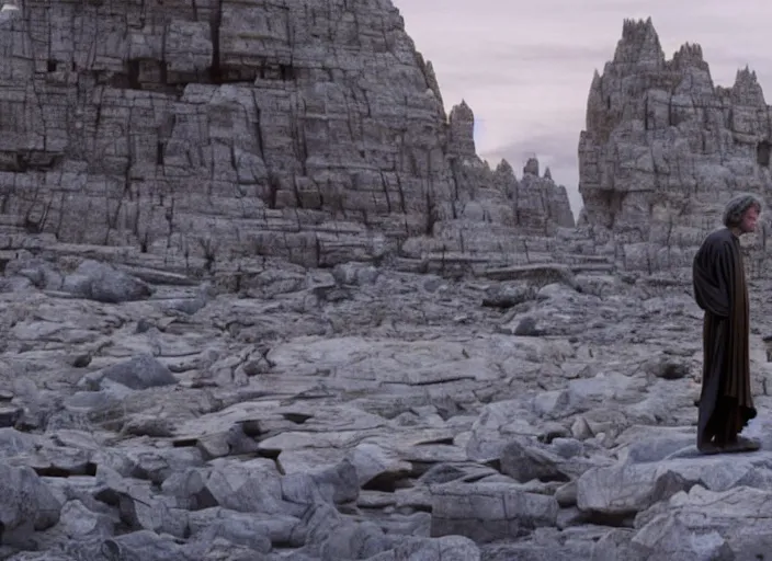 Image similar to epic screenshot from the film of Luke Skywalker, played by Mark Hammill, wearing a gold robe, he is surrounded by hundreds of rocks levitating in the air, outside marble temple, iconic scene from the last jedi, 1980s film directed by Stanley Kubrick, cinematic lighting, kodak, strange, hyper real, stunning moody cinematography, with anamorphic lenses, crisp, detailed portrait, 4k image