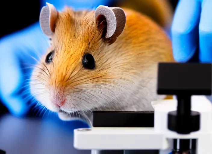 Prompt: film still of a hamster working in a research lab looking through a tiny microscope, 8 k