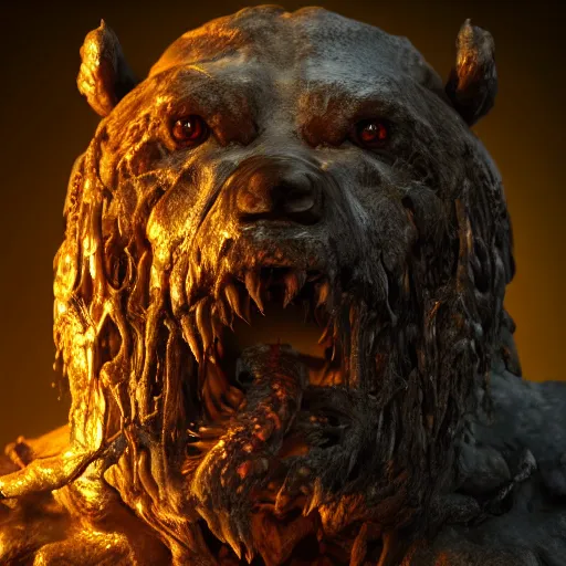 Prompt: a mutated bear monster illuminated by warm light, skull protruding from face, warped flesh, dreamlike, intricate detail, 3d render, octane render, god rays, depth of field, trending on artstation, 4k, hd