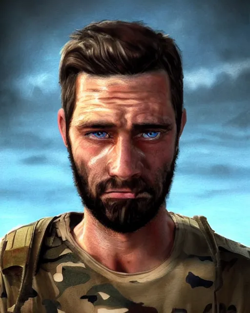 Image similar to portrait of muscular, tired and alcoholic 3 0 - year - old handsome man with short darkblonde hair, serious sad look in his eyes, looking down, dirty beard, blue eyes, crying tears, wearing dirty soldier uniform, on the desert, sad atmosphere, hyper realistic face, character art, art by mark brooks, cryengine, trending on artstation, digital art