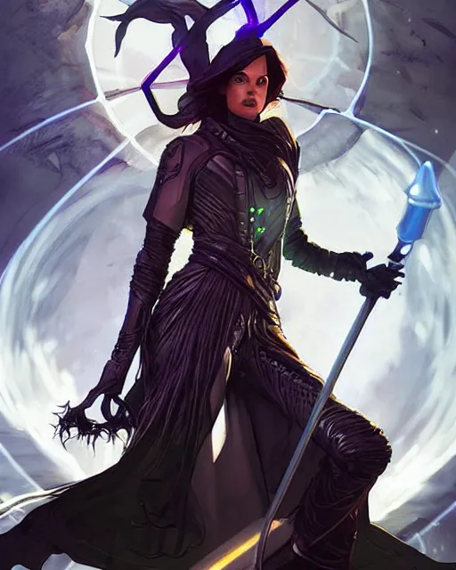 Image similar to A witch wielding a futuristic power staff, digital apex legends illustration portrait, gorgeous lighting, wide angle action dynamic portrait, perspective shot, art by Aleksi Briclot,