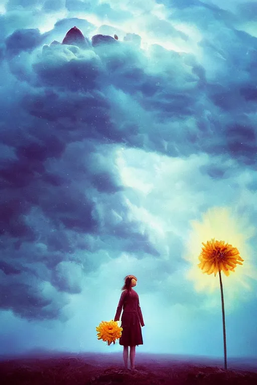 Image similar to closeup giant dahlia flower over the head, girl standing on mountain, surreal photography, blue storm clouds, dramatic light, impressionist painting, digital painting, artstation, simon stalenhag