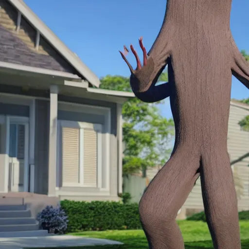 Image similar to tall monster with elongated limbs standing in an urban cul de sac neighborhood, realistic lighting, ultra hd 4 k