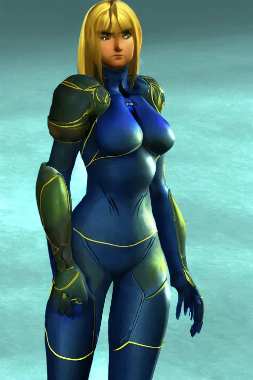 Image similar to an in game portrait of zero suit samus from skyrim, skyrim art style.