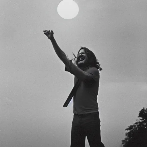 Prompt: 3 5 mm photograph of eddie vedder laughing at the moon